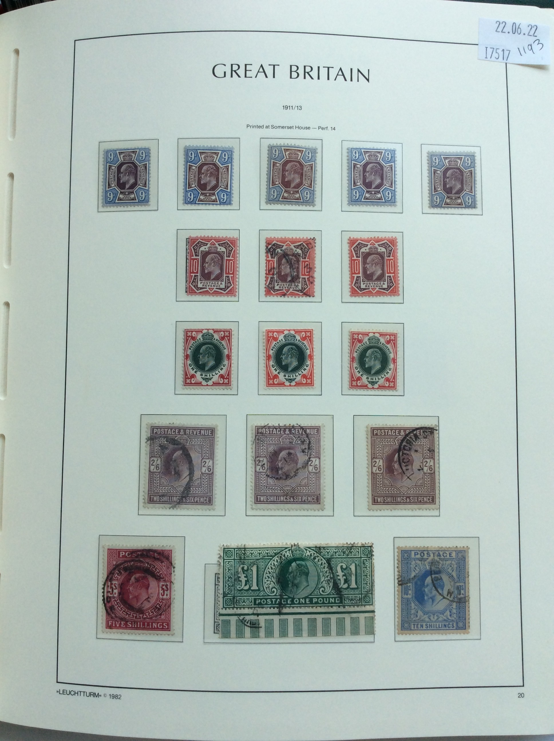 Stamps. GB Edw. VII, SG320 £1 green, lightly cancelled fine used with attached sheet edge, 1x10s