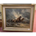 Gudrun Sibbons (b1928), Wild horses galloping across the seashore, signed, oil on board, 40x50cm
