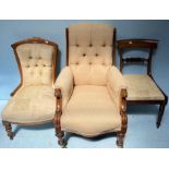 A William IV armchair with beige fabric, button-back upholstery, together with a Victorian nursing