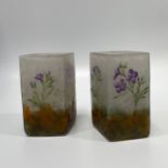 A pair of Art Nouveau Daum Nancy glass vases or rhombus form, decorated in ‘African Violets’