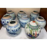 Seven various blue and white painted Chinese ginger jars, and a polychrome example painted with