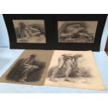 Four various charcoal nude studies of men and women, unframed, 51 x 32cm