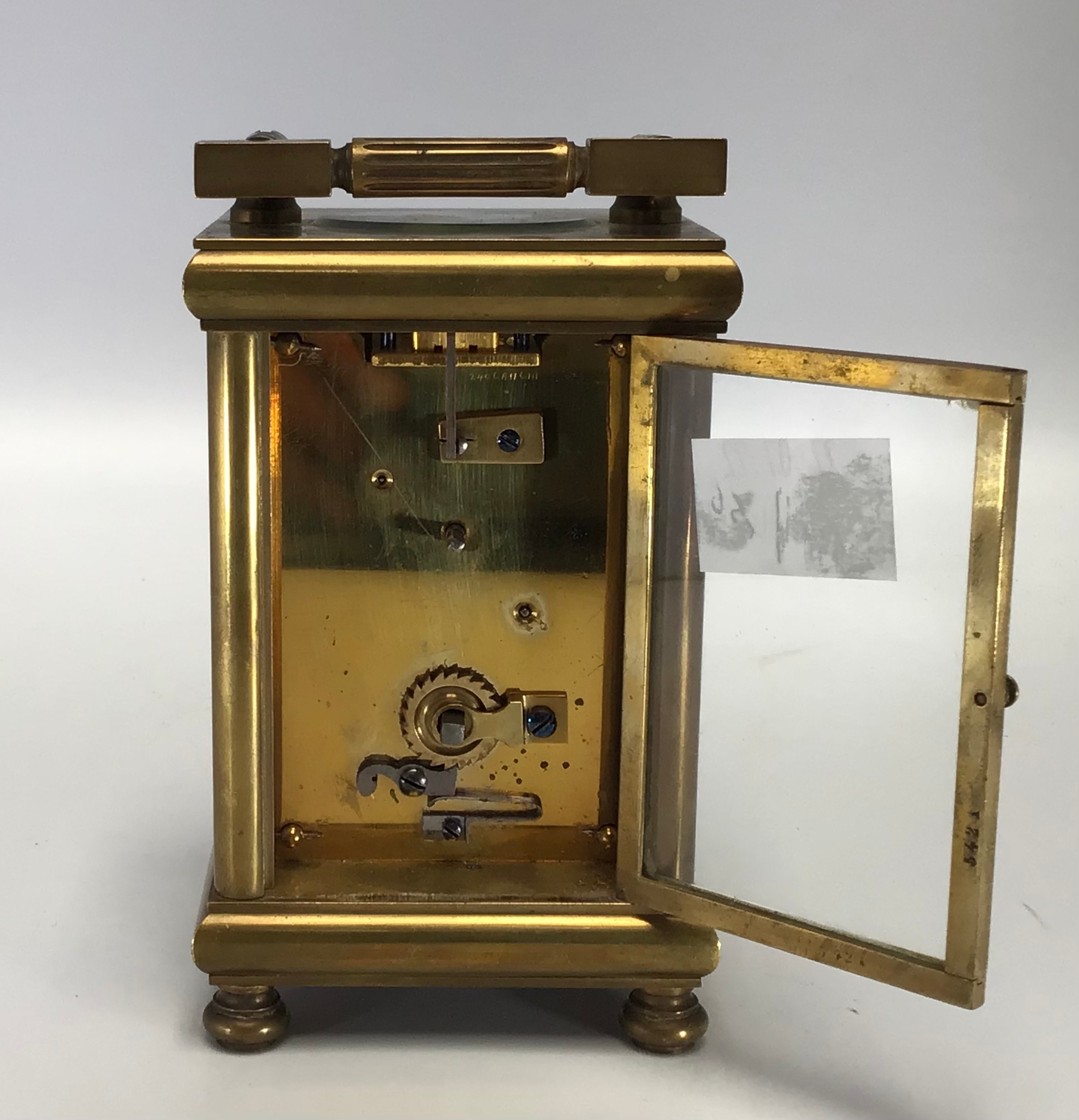 A Swiss brass cased carriage clock with blue and white porcelain panelled sides and dial panel, - Image 7 of 8