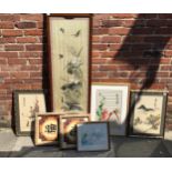 A collection of eight assorted Chinese pictures including a large silk embroidered panel depicting