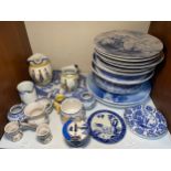 A quantity of blue and white printed pottery and porcelain, including and Aesthetic Movement