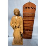 A wooden wall hanging Church Hymns / Psalms board, 120 cm high, together with a plaster statue of St