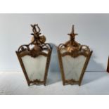 A pair of Regency style brass and etched glass ceiling lanterns, approx. 30cm high