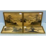 A set of four gouache and gilt landscape studies, two depicting Mount Fuji, all with boats,