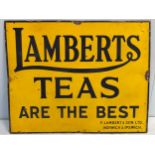 An early/mid 20th century enamel on metal advertising sign for Lamberts Tea, reading ‘Lamberts