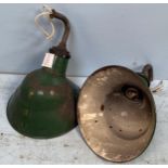 A pair of vintage industrial green enamel light pendants by Thorlux, remains of original label to