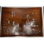 A pair of Chinese mother-of-pearl inlaid rosewood panels / trays, inlaid with character marks,