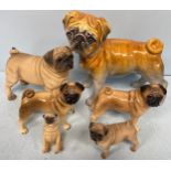 Six various models of Pugs including a large ceramic Pug measuring 29cm high, two smaller ceramic