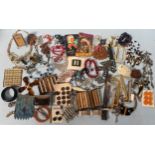 A quantity of French costume jewellery / haberdashery items including some silver, rosary beads,
