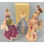 Five assorted porcelain figural ladies comprising Royal Doulton ‘Catherine HN5586’, Coalport ‘