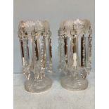 A pair of Victorian clear glass lustres with cut glass prism drops, 31cm high