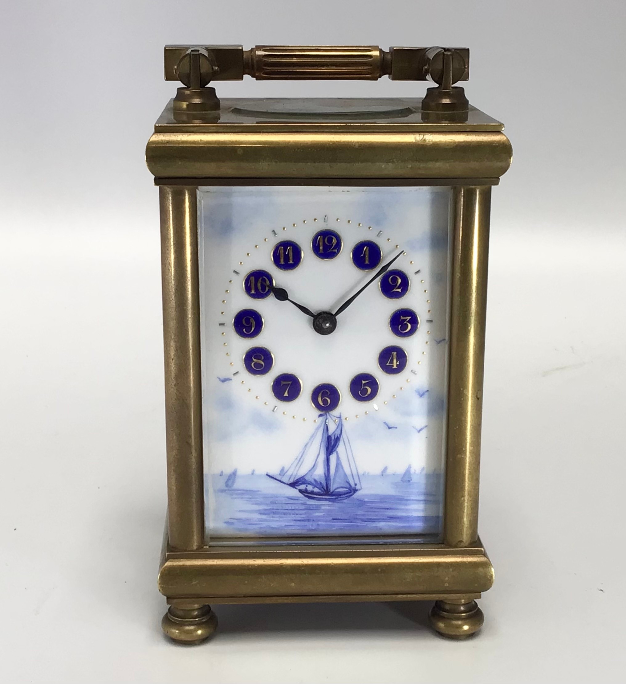 A Swiss brass cased carriage clock with blue and white porcelain panelled sides and dial panel, - Image 2 of 8