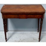 A George III inlaid mahogany folding tea table of rectangular form, the cross-banded, hinged top