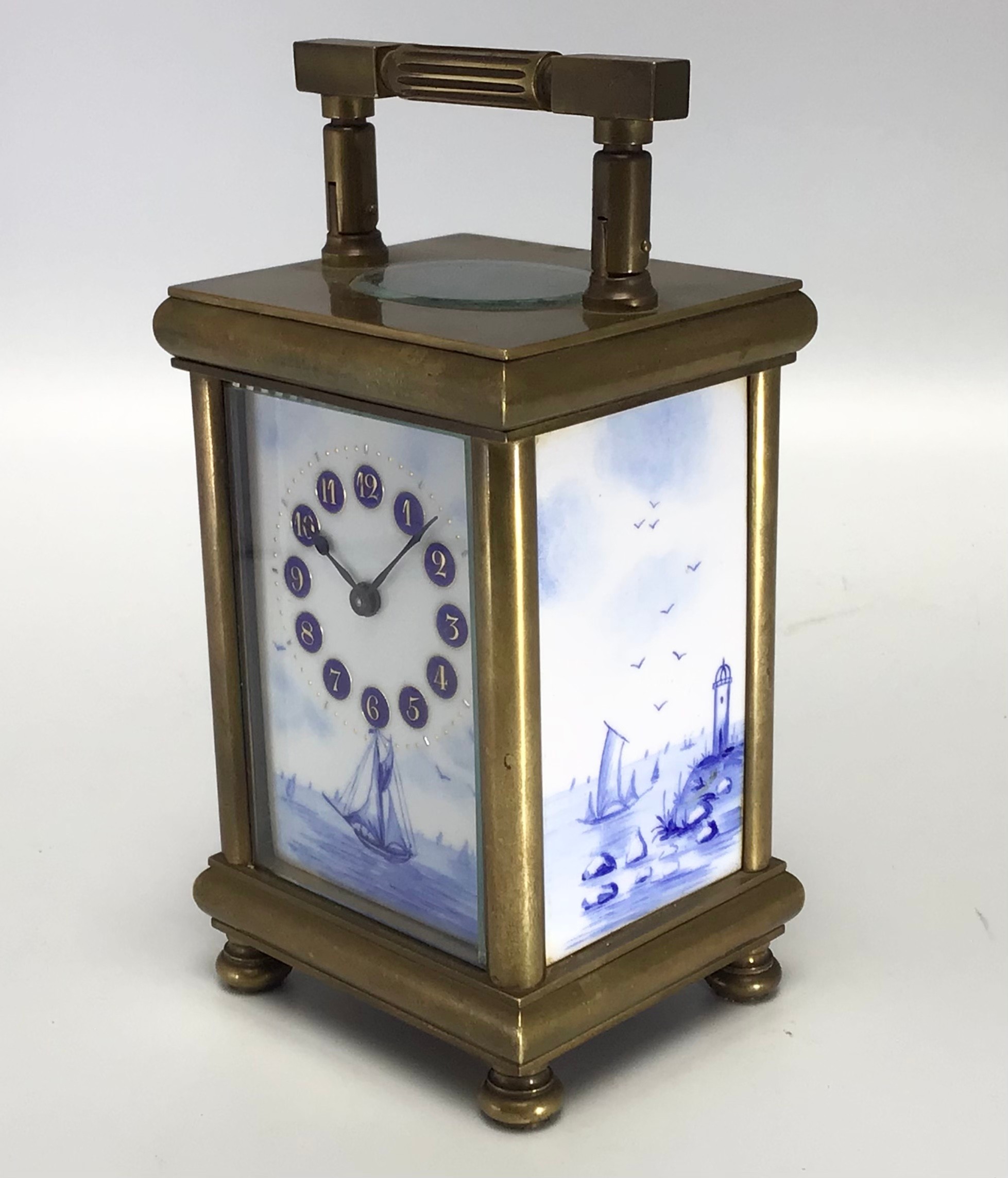 A Swiss brass cased carriage clock with blue and white porcelain panelled sides and dial panel, - Image 4 of 8