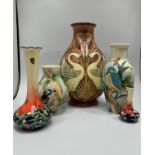 Three Old Tupton Ware tube-lined hand painted bird-themed vases, Courting Swans, Kingfisher and
