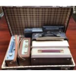 Seven various vintage radios including two Roberts and a brown leather Lohman suitcase