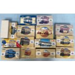 A collection of 15 Corgi Classics die-cast model buses, mainly 1:50 scale, including Guy Arab Bus