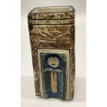 A Troika Pottery coffin vase decorated by Sue Lowe, with incised and painted abstract decoration