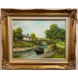 Arthur Read (20th century) study of a rowing boat on a riverbank with a bridge and as house, signed,