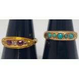 Two various 18ct gold rings, one set with five cabochon turquoise stones, the other set with small