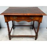 An 18th century Laburnum wood veneered side table with single frieze drawer and brass handles,