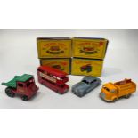 Four Lesney Matchbox series diecast model vehicles, examples include No. 44 Rolls-Royce Silver