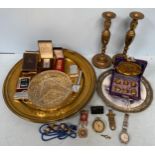 Mixed collectables including two large circular brass embossed nautical trays, a pair of brass