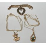 A 9ct gold fine necklace chain with heart shaped pendant set with central small diamond and green