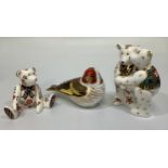 Three Royal Crown Derby paperweights including ‘Goldfinch’, with gold stopper, together with two