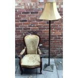 A metal standard lamp raised on stepped square base together with a Victorian parlour chair with