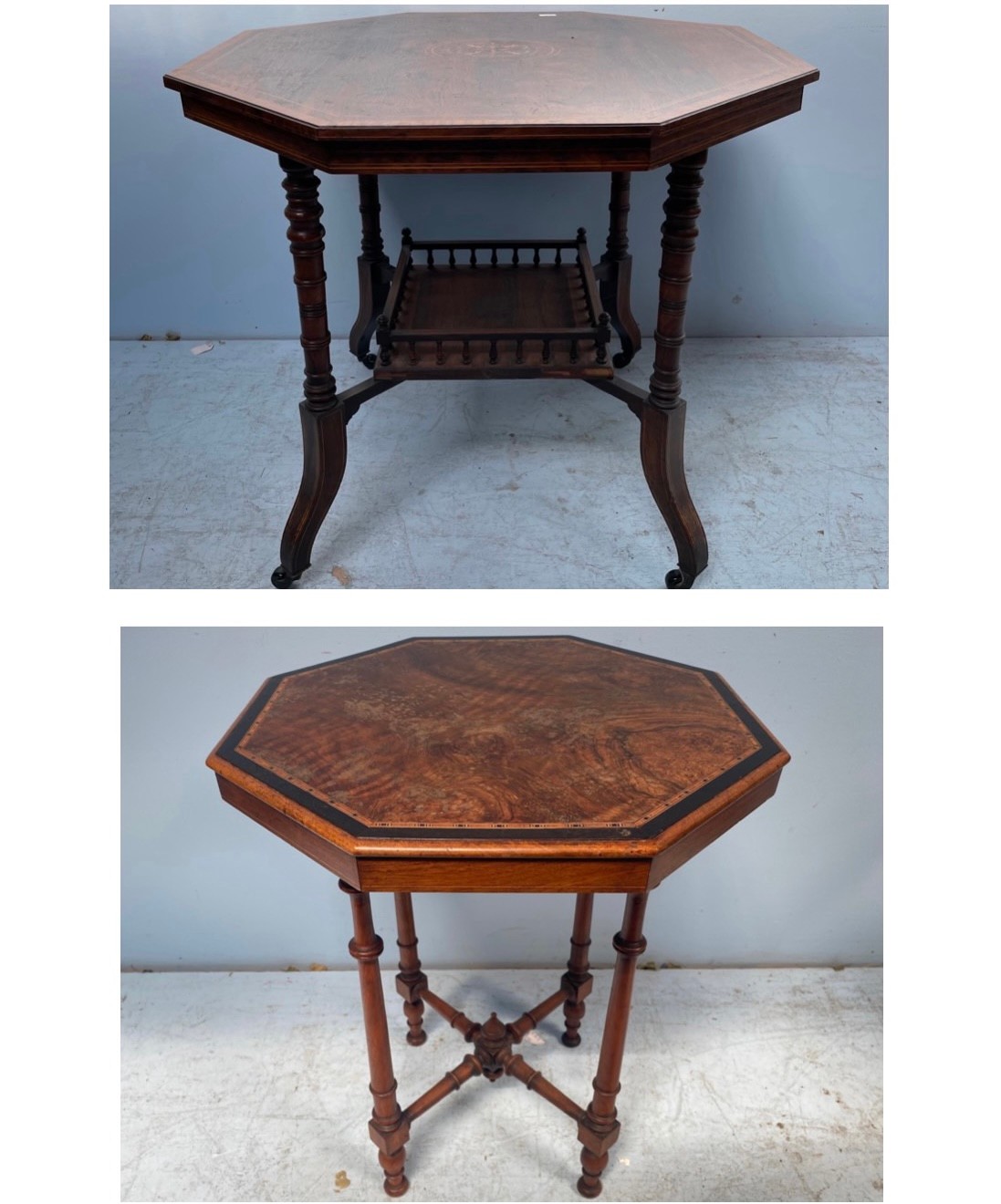 An Edwardian octagonal table with central inlaid floral and outer bands, with galleried under-