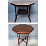An Edwardian octagonal table with central inlaid floral and outer bands, with galleried under-