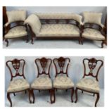 A Victorian stained mahogany settee, with carved and pierced back and duck egg blue floral fabric