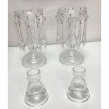 A pair of clear glass lustres with criss-cross etching and clear cut glass prism drops, 21cm high,