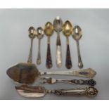 Assorted silver teaspoons including some Russian examples and a fish knife etc. Gross weight approx.