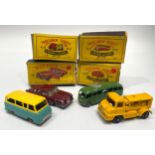 Four Lesney Matchbox series diecast model vehicles, examples include No. 53 Mercedes-Benz 220 S.E