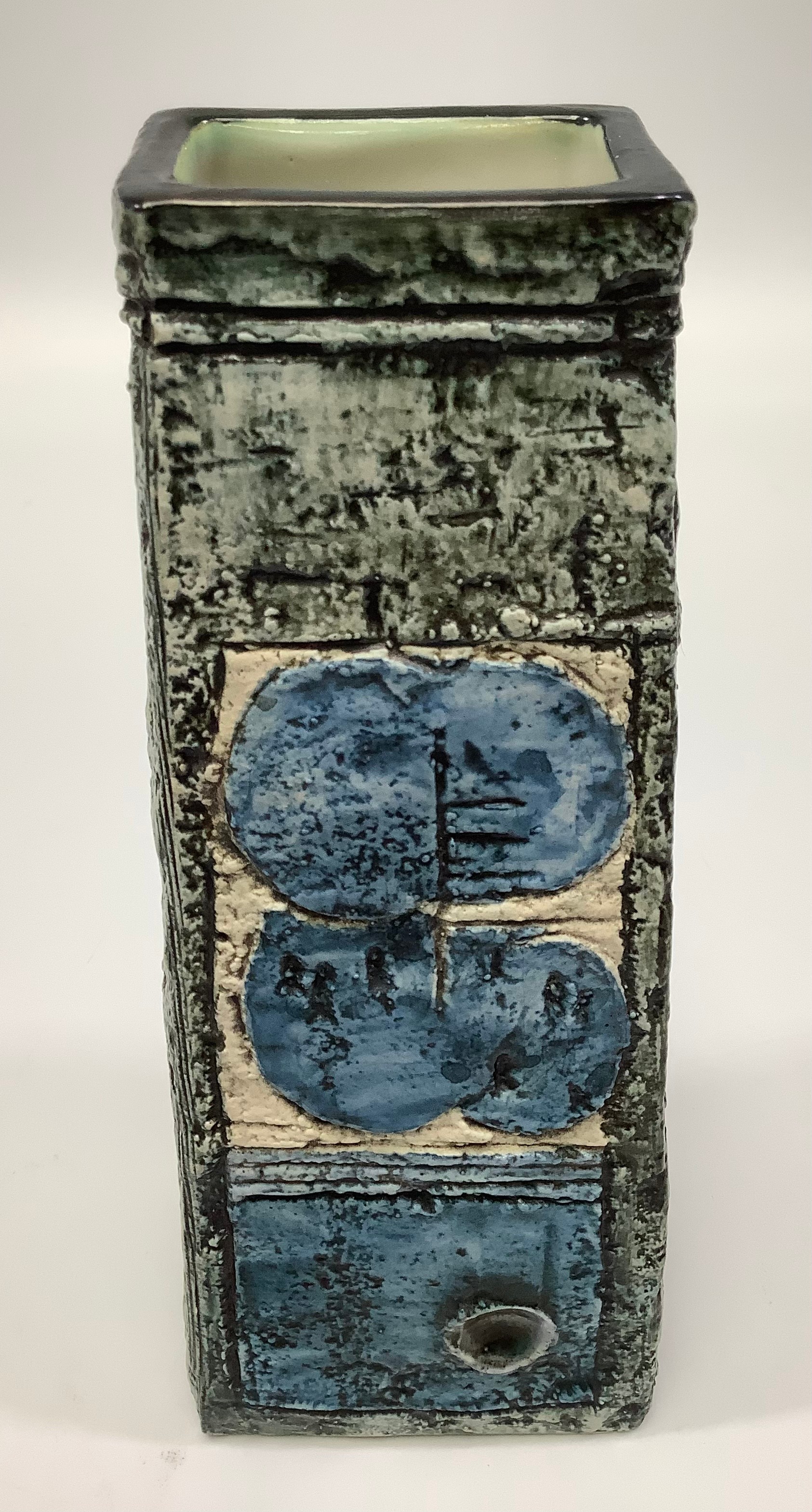 A Troika Pottery coffin vase decorated by Vicky Drew, with incised and painted abstract decoration