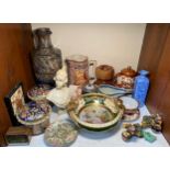 A mixed lot including a pair of Chinese porcelain Foo dogs, Satsuma eggshell wares, Chinese blue