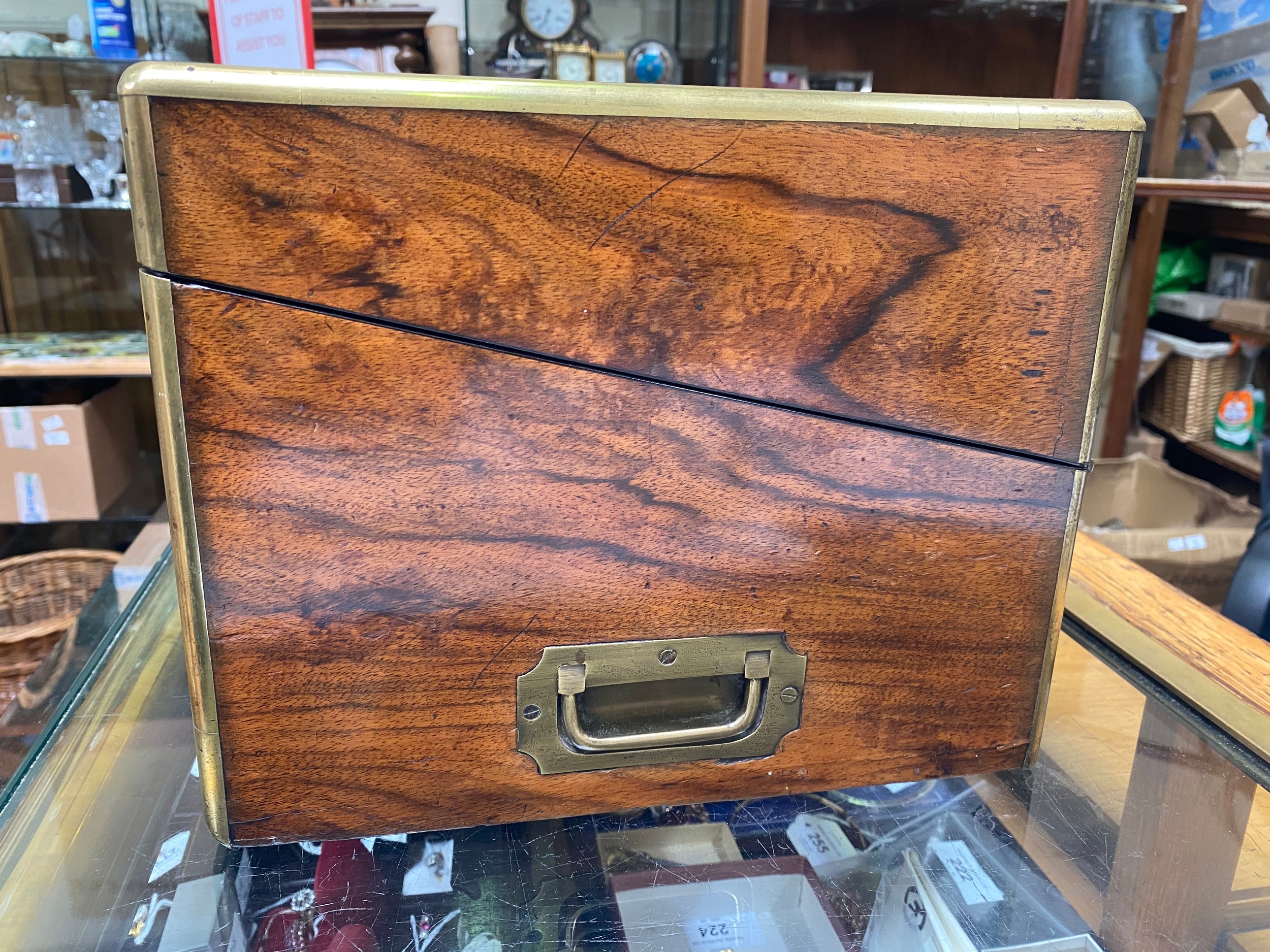 A large Victorian burr walnut writing slope, with brass bound edges and twin flush handles, side - Image 10 of 10