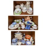 Three shelves of mixed ceramics including a Chinese famille rose bowl with Jiaqing mark to base,