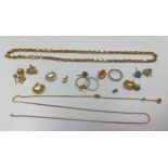 An assortment of various jewellery including a 9ct gold church charm, 2 x yellow and white gold