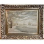 Alfred Joly (French) wintry scene of a river with buildings, figures, boat and windmills, oil on