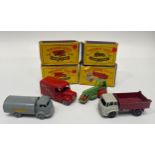 Four Lesney Matchbox series diecast model vehicles, examples include No. 47 1 Ton Brooke Bond Tea