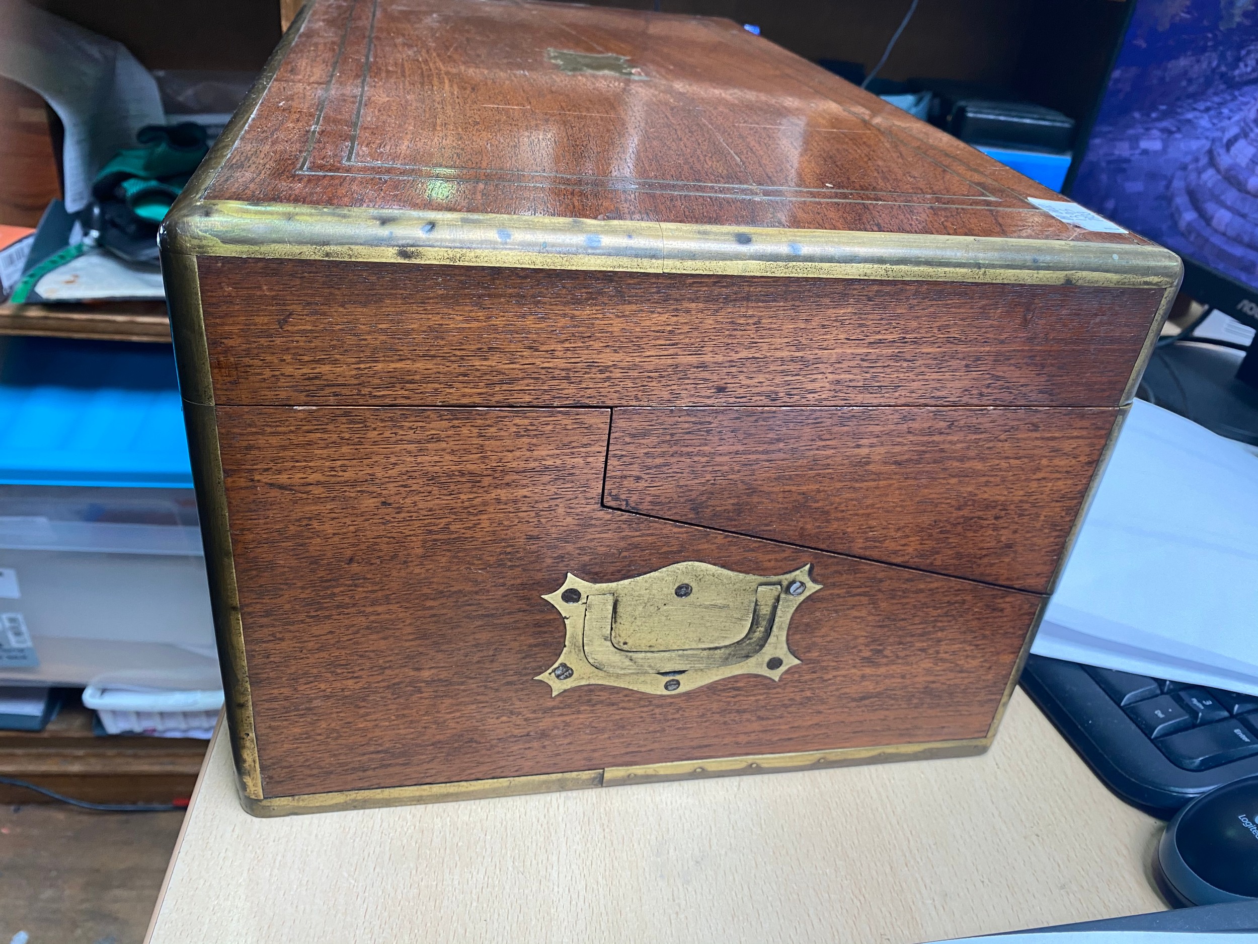 A large Victorian burr walnut writing slope, with brass bound edges and twin flush handles, side - Image 4 of 10