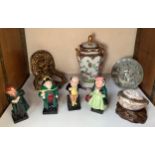 Various collectables including four Royal Doulton figures ‘Pickwick’, ‘Bumble’, ‘Fagin’ and ‘Sairy