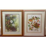 Two various watercolour studies of flowers, leaves and fruit, the first entitled ‘Autumn